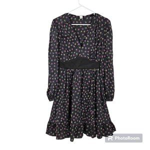 Diane Von Furstenberg Dress Black Lizbeth Silk Floral V-Neck Long Sleeve Size 4
